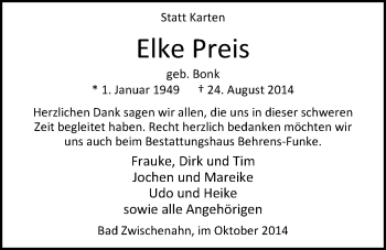 Traueranzeige von Elke Preis von Nordwest-Zeitung