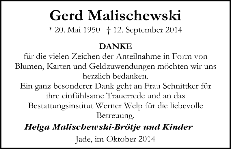  Traueranzeige für Gerd Malischewski vom 11.10.2014 aus Nordwest-Zeitung