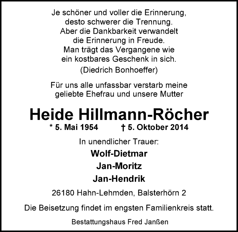  Traueranzeige für Heide Hillmann-Röcher vom 09.10.2014 aus Nordwest-Zeitung
