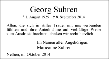 Traueranzeige von Georg Suhren von Nordwest-Zeitung