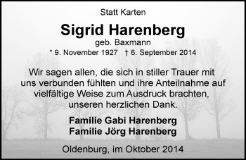 Traueranzeige von Sigrid Harenberg von Nordwest-Zeitung