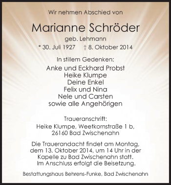 Traueranzeige von Marianne Schröder von Nordwest-Zeitung