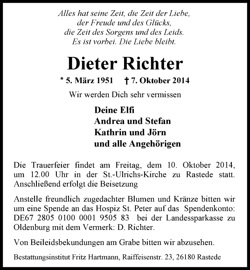  Traueranzeige für Dieter Richter vom 09.10.2014 aus Nordwest-Zeitung