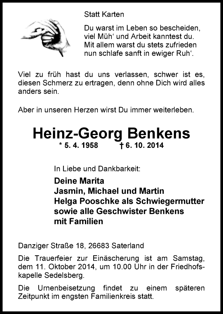  Traueranzeige für Heinz-Georg Benkens vom 09.10.2014 aus Nordwest-Zeitung