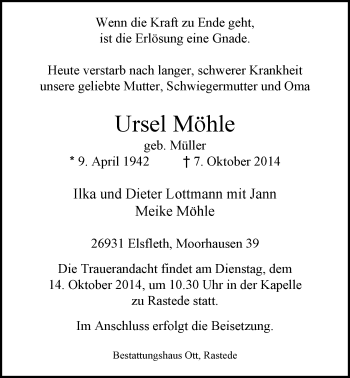 Traueranzeige von Ursel Möhle von Nordwest-Zeitung