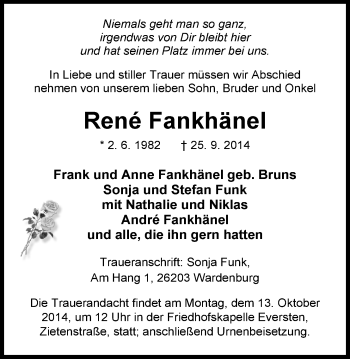 Traueranzeige von Rene Fankhänel von Nordwest-Zeitung