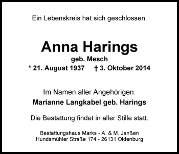 Traueranzeige von Anna Harings von Nordwest-Zeitung
