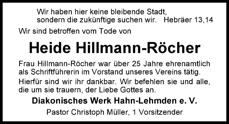  Traueranzeige für Heide Hillmann-Röcher vom 10.10.2014 aus Nordwest-Zeitung