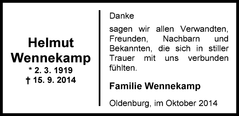  Traueranzeige für Helmut Wennekamp vom 11.10.2014 aus Nordwest-Zeitung