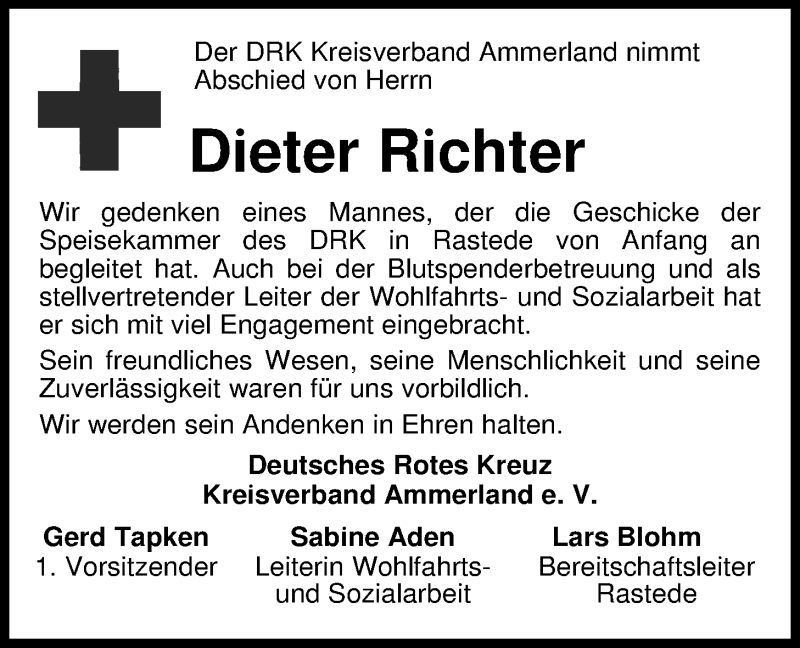  Traueranzeige für Dieter Richter vom 10.10.2014 aus Nordwest-Zeitung