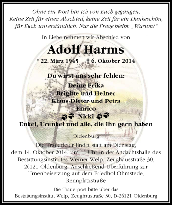 Traueranzeige von Adolf Harms von Nordwest-Zeitung