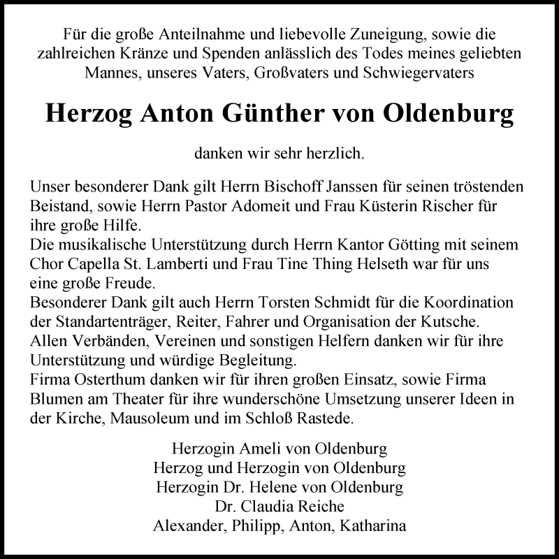  Traueranzeige für Anton Günther  Herzog von Oldenburg vom 11.10.2014 aus Nordwest-Zeitung
