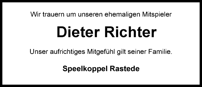  Traueranzeige für Dieter Richter vom 10.10.2014 aus Nordwest-Zeitung