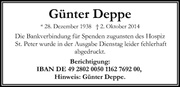 Traueranzeige von Günter Deppe von Nordwest-Zeitung