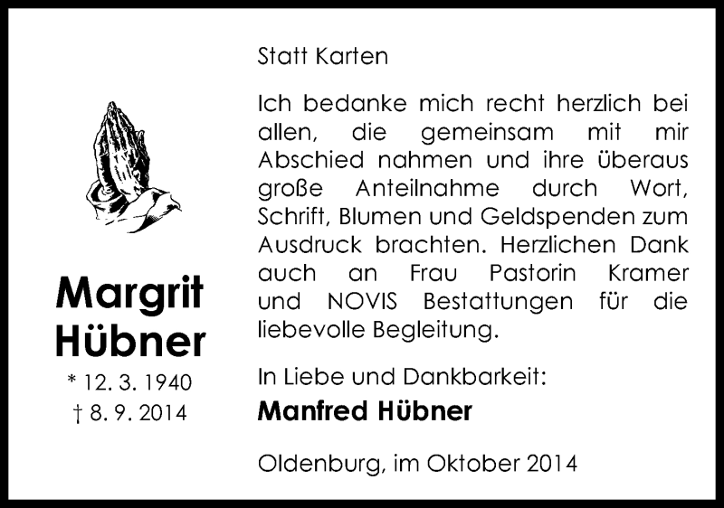  Traueranzeige für Margrit Hübner vom 11.10.2014 aus Nordwest-Zeitung