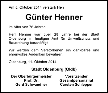 Traueranzeige von Günter Henner von Nordwest-Zeitung