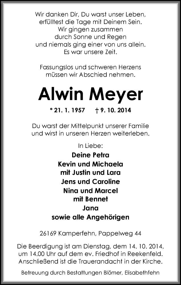  Traueranzeige für Alwin Meyer vom 11.10.2014 aus Nordwest-Zeitung