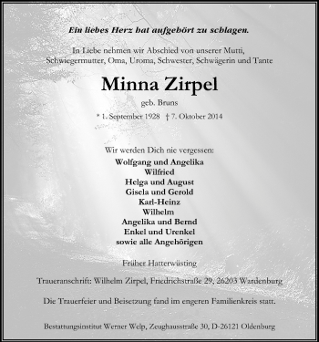 Traueranzeige von Minna Zirpel von Nordwest-Zeitung