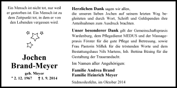 Traueranzeige von Jochen Brand-Meyer von Nordwest-Zeitung