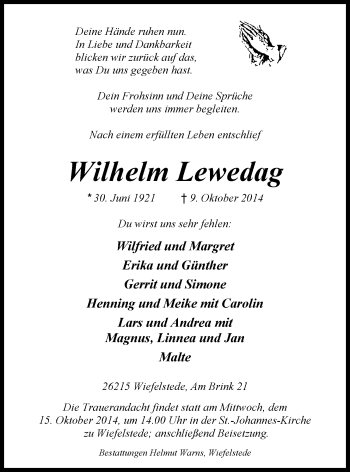 Traueranzeige von Wilhelm Lewedag von Nordwest-Zeitung