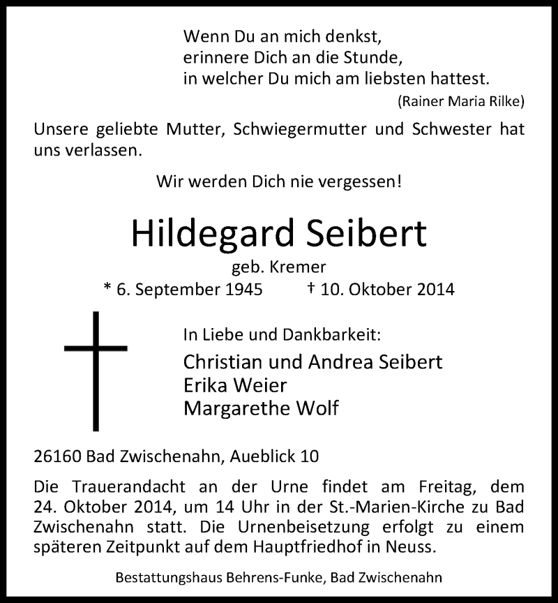  Traueranzeige für Hildegard Seibert vom 21.10.2014 aus Nordwest-Zeitung