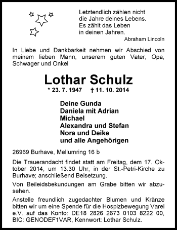 Traueranzeige von Lothar Schulz von Nordwest-Zeitung
