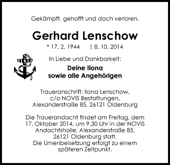 Traueranzeige von Gerhard Lenschow von Nordwest-Zeitung