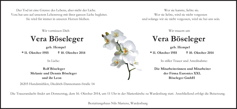  Traueranzeige für Vera Böseleger vom 14.10.2014 aus Nordwest-Zeitung