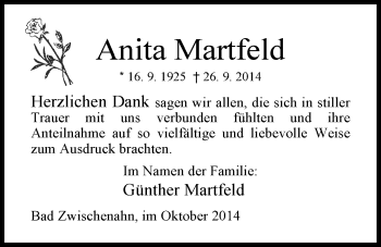 Traueranzeige von Anita Martfeld von Nordwest-Zeitung