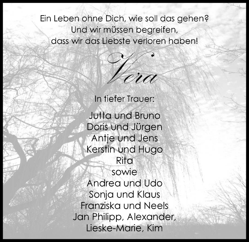  Traueranzeige für Vera Böseleger vom 14.10.2014 aus Nordwest-Zeitung