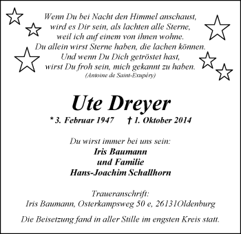 Traueranzeige von Ute Dreyer von Nordwest-Zeitung