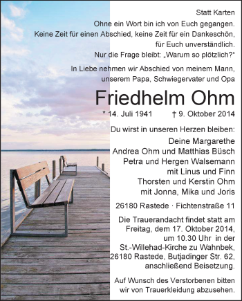 Traueranzeige von Friedhelm Ohm von Nordwest-Zeitung