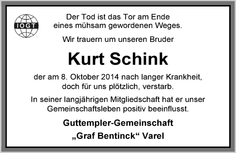  Traueranzeige für Kurt Schink vom 15.10.2014 aus Nordwest-Zeitung