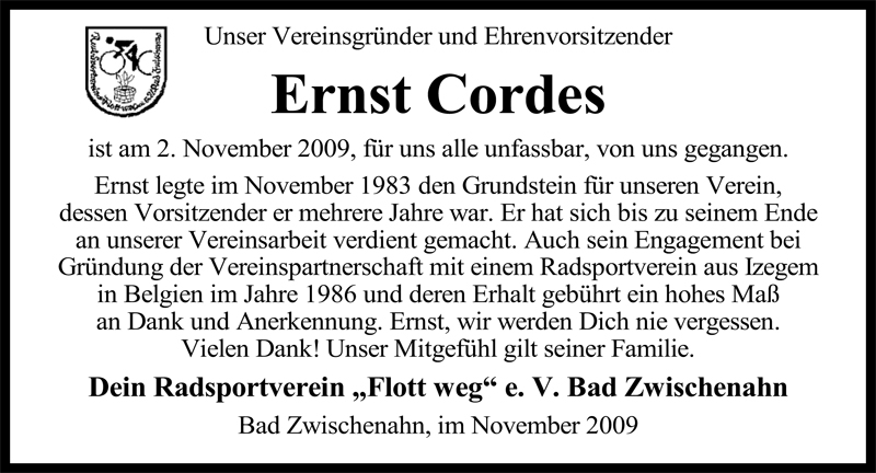  Traueranzeige für Ernst Cordes vom 14.11.2009 aus Nordwest-Zeitung