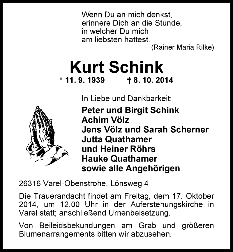  Traueranzeige für Kurt Schink vom 15.10.2014 aus Nordwest-Zeitung