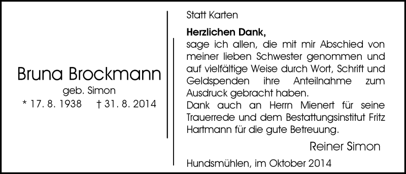  Traueranzeige für Bruna Brockmann vom 18.10.2014 aus Nordwest-Zeitung