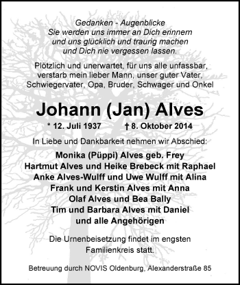 Traueranzeige von Johann Alves von Nordwest-Zeitung