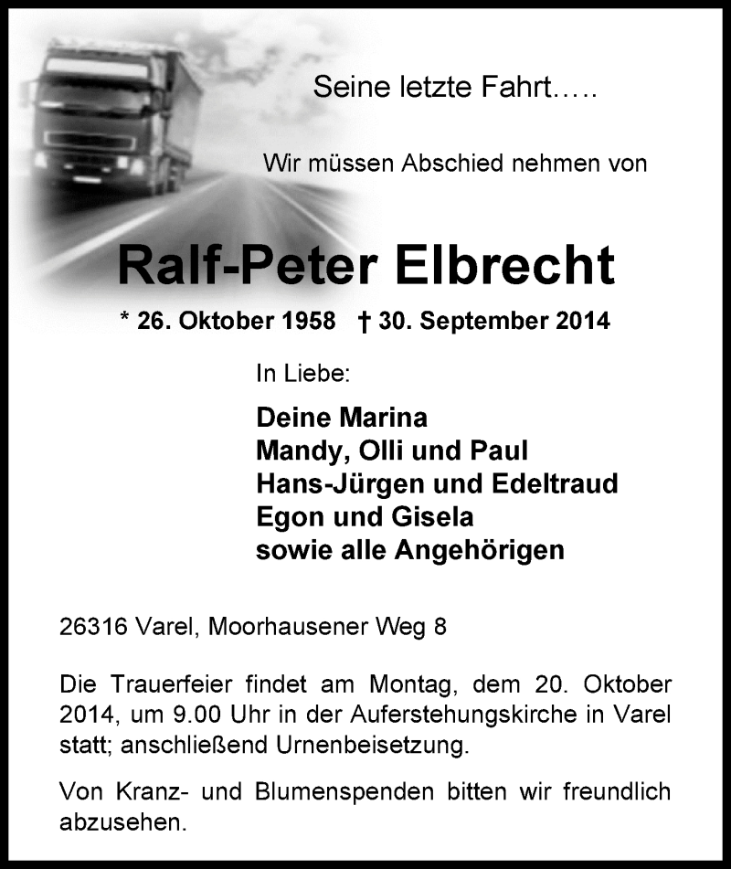  Traueranzeige für Ralf-Peter Elbrecht vom 17.10.2014 aus Nordwest-Zeitung