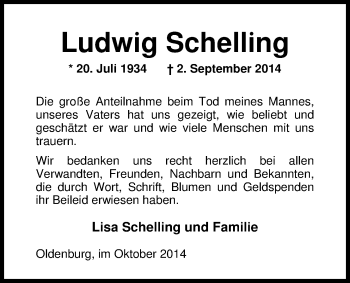 Traueranzeige von Ludwig Schelling von Nordwest-Zeitung