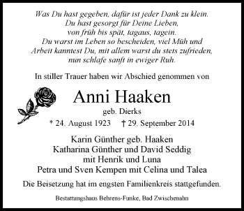 Traueranzeige von Anni Haaken von Nordwest-Zeitung
