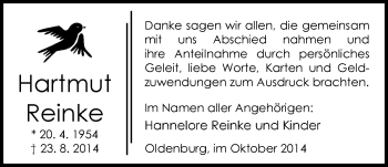 Traueranzeige von Hartmut Reinke von Nordwest-Zeitung