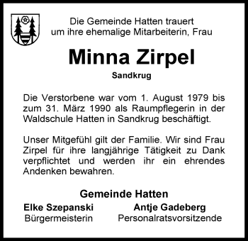 Traueranzeige von Minna Zirpel von Nordwest-Zeitung