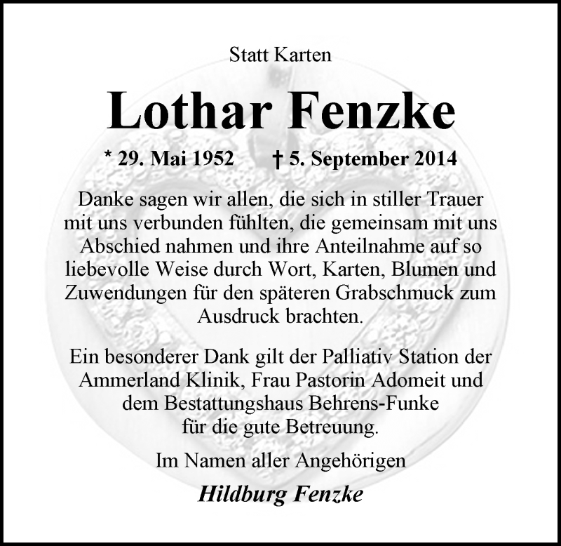  Traueranzeige für Lothar Fenzke vom 18.10.2014 aus Nordwest-Zeitung