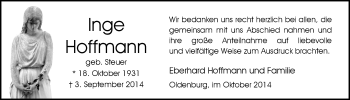 Traueranzeige von Inge Hoffmann von Nordwest-Zeitung