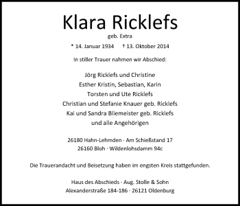 Traueranzeige von Klara Ricklefs von Nordwest-Zeitung