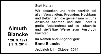Traueranzeige von Almuth Blancke von Nordwest-Zeitung