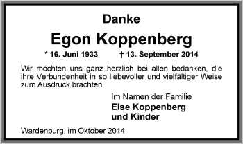Traueranzeige von Egon Koppenberg von Nordwest-Zeitung