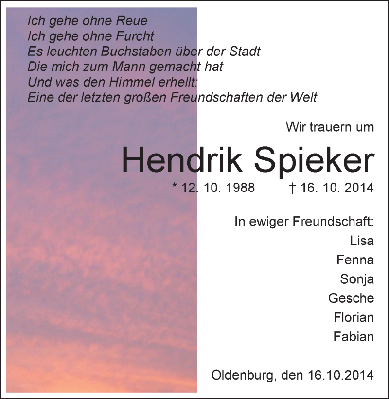  Traueranzeige für Hendrik Spieker vom 18.10.2014 aus Nordwest-Zeitung