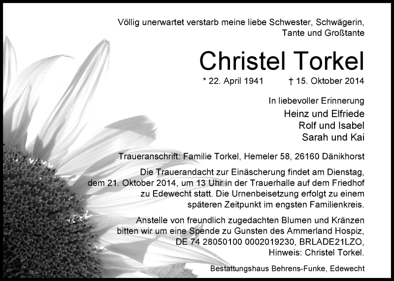 Traueranzeige für Christel Torkel vom 18.10.2014 aus Nordwest-Zeitung