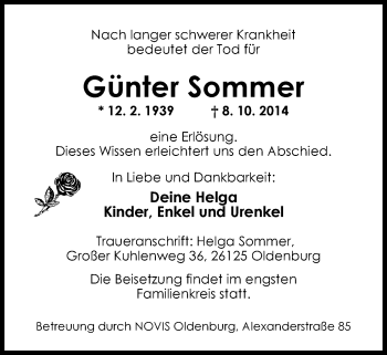 Traueranzeige von Günter Sommer von Nordwest-Zeitung